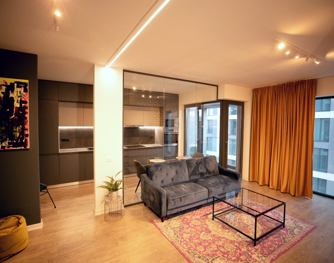 Amenajare living cu perete de sticla