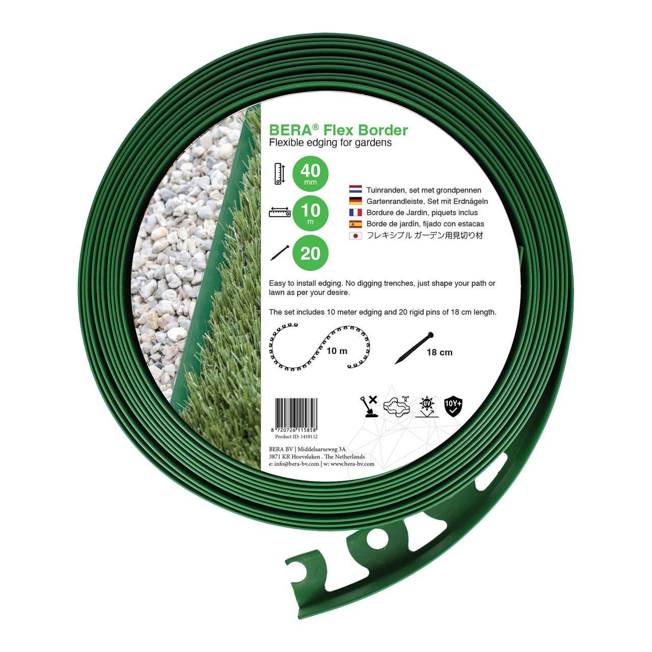 BERA - Bordura flexibila Flex Border verde, set 10 m, inaltime 4 cm (include 20 tarusi)