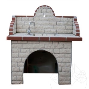Set Mobilier Gradina Mediteraneo - Masa + Chiuveta pt Gratar (135x120x60 cm, 450 kg, piatra naturala Vratza, caramida)